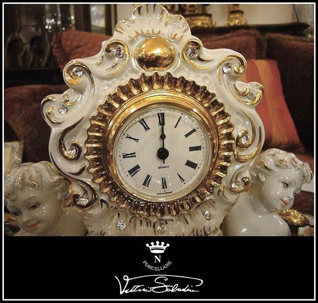 イタリア製　セラミック　ツインエンジェル　スワロフスキー　サバディン　天使　置き時計　送料無料
